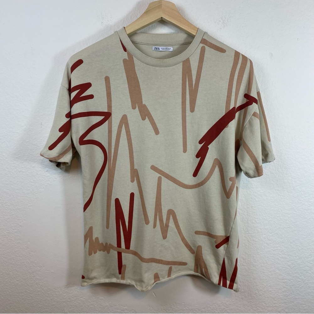 Zara Men’s Med T Shirt short sleeve Scribbled Over abstract print round neck